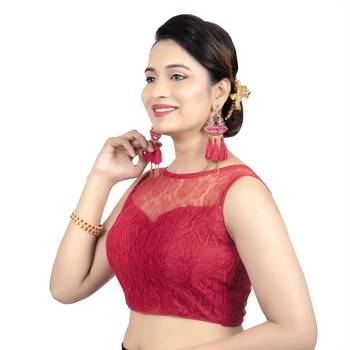 Maroon High Neck  Net & Brasso Sleeveless Princesss Cut Padded Readymade  Blouse 3