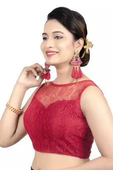 Maroon High Neck  Net & Brasso Sleeveless Princesss Cut Padded Readymade  Blouse