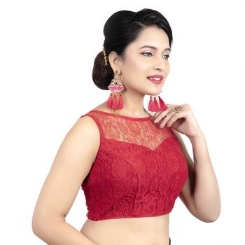 Maroon High Neck  Net & Brasso Sleeveless Princesss Cut Padded Readymade  Blouse 4