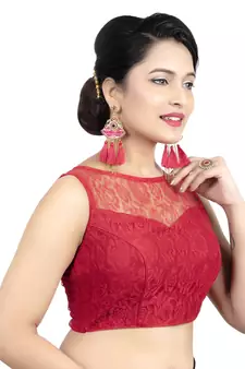 Maroon High Neck  Net & Brasso Sleeveless Princesss Cut Padded Readymade  Blouse