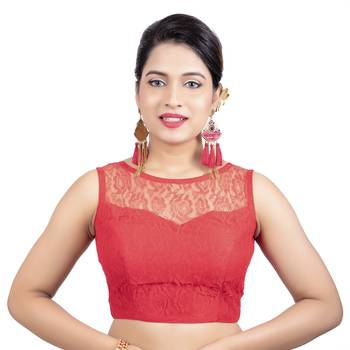 Red High Neck Net & Brasso Sleeveless Princesss Cut Padded  Readymade  Blouse 1
