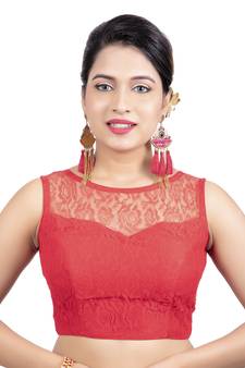 Red High Neck Net & Brasso Sleeveless Princesss Cut Padded  Readymade  Blouse