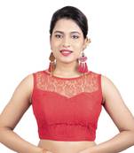 Red High Neck Net & Brasso Sleeveless Princesss Cut Padded  Readymade  Blouse