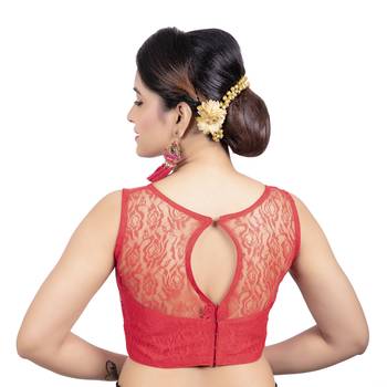 Red High Neck Net & Brasso Sleeveless Princesss Cut Padded  Readymade  Blouse 2