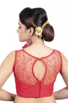 Red High Neck Net & Brasso Sleeveless Princesss Cut Padded  Readymade  Blouse