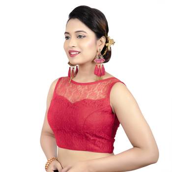 Red High Neck Net & Brasso Sleeveless Princesss Cut Padded  Readymade  Blouse 3