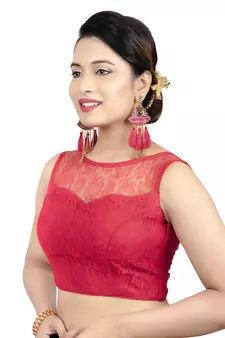 Red High Neck Net & Brasso Sleeveless Princesss Cut Padded  Readymade  Blouse