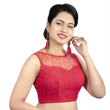 Red High Neck Net & Brasso Sleeveless Princesss Cut Padded  Readymade  Blouse 4