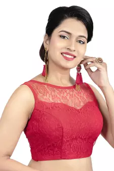 Red High Neck Net & Brasso Sleeveless Princesss Cut Padded  Readymade  Blouse