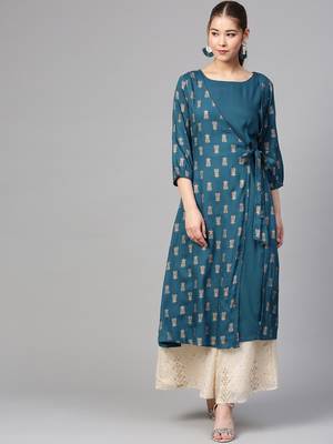 Varanga Women Teal & Beige Printed A-Line Kurta 1