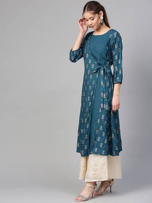 Varanga Women Teal & Beige Printed A-Line Kurta 3