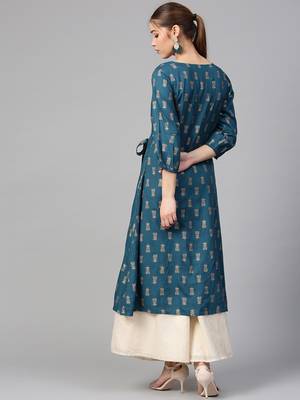 Varanga Women Teal & Beige Printed A-Line Kurta 5