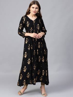 Varanga Women Black & Golden Printed A-Line Kurta 1