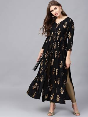 Varanga Women Black & Golden Printed A-Line Kurta 3