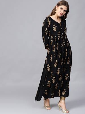 Varanga Women Black & Golden Printed A-Line Kurta 4