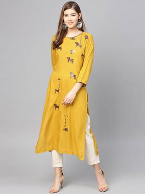 Varanga Women Mustard Yellow Horse Printed Straight Kurta 1