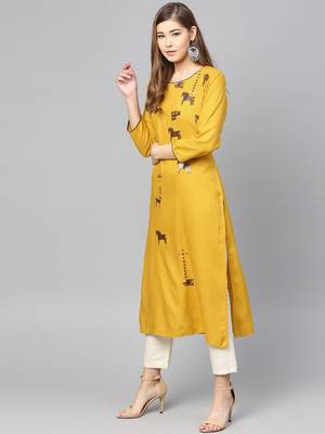Varanga Women Mustard Yellow Horse Printed Straight Kurta 3