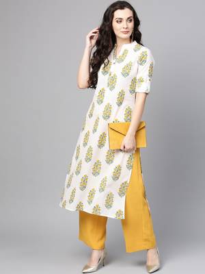 Varanga Women White & Yellow Printed Straight Kurta 1