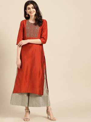 Varanga Women Rust Red & Green Yoke Design Straight Kurta With Zari Detail 1