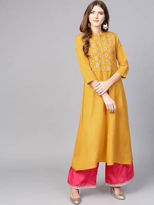 Varanga Women Mustard Yellow Embroidered A-Line Kurta 1