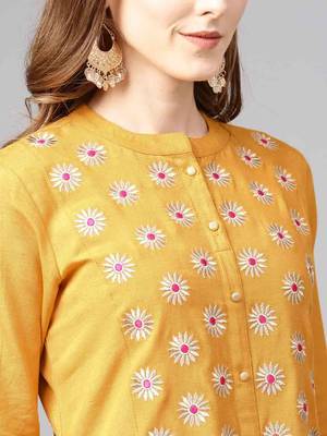 Varanga Women Mustard Yellow Embroidered A-Line Kurta 2