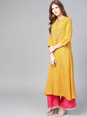Varanga Women Mustard Yellow Embroidered A-Line Kurta 3