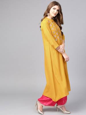Varanga Women Mustard Yellow Embroidered A-Line Kurta 4