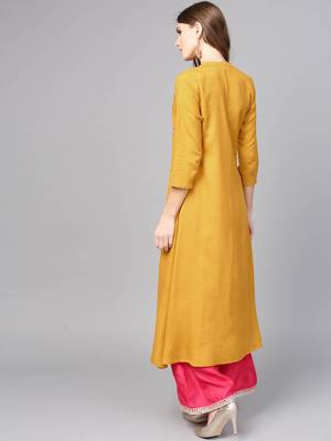 Varanga Women Mustard Yellow Embroidered A-Line Kurta 5