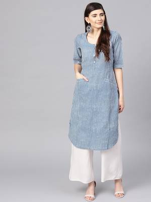 Varanga Women Blue & White Striped Straight Kurta 1