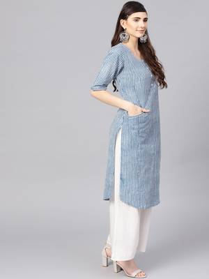 Varanga Women Blue & White Striped Straight Kurta 3
