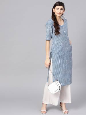 Varanga Women Blue & White Striped Straight Kurta 4