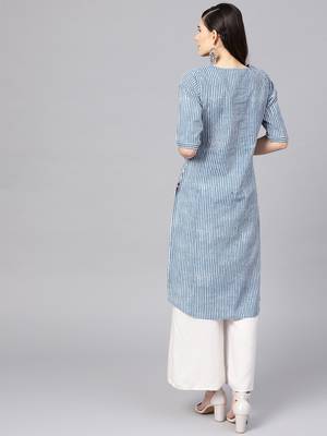 Varanga Women Blue & White Striped Straight Kurta 5