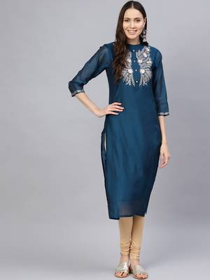 Varanga Women Teal Blue & Silver Embroidered Yoke Design Straight Kurta 1