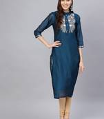 Varanga Women Teal Blue & Silver Embroidered Yoke Design Straight Kurta