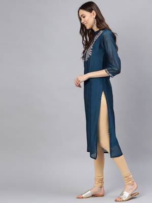 Varanga Women Teal Blue & Silver Embroidered Yoke Design Straight Kurta 3