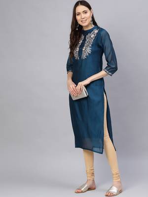 Varanga Women Teal Blue & Silver Embroidered Yoke Design Straight Kurta 4