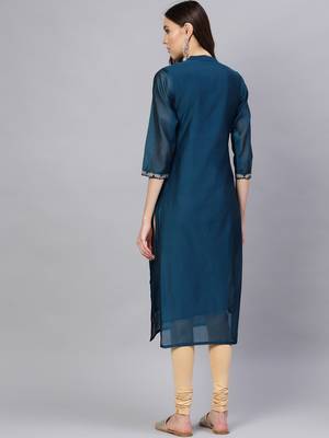 Varanga Women Teal Blue & Silver Embroidered Yoke Design Straight Kurta 5