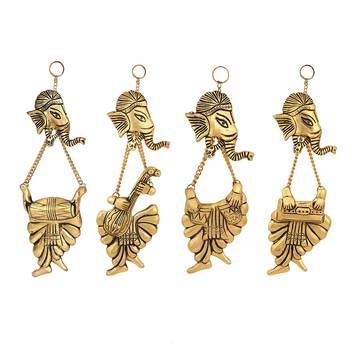 BK Creation Metal Set of Four Lord Ganesh Playing Musical Instruments Wall Hanging Figurine, Gold, 7 Inch, 4 Pcs 2