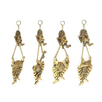 BK Creation Metal Set of Four Lord Ganesh Playing Musical Instruments Wall Hanging Figurine, Gold, 7 Inch, 4 Pcs 4