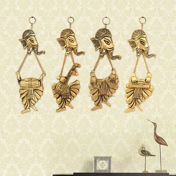 BK Creation Metal Set of Four Lord Ganesh Playing Musical Instruments Wall Hanging Figurine, Gold, 7 Inch, 4 Pcs 6