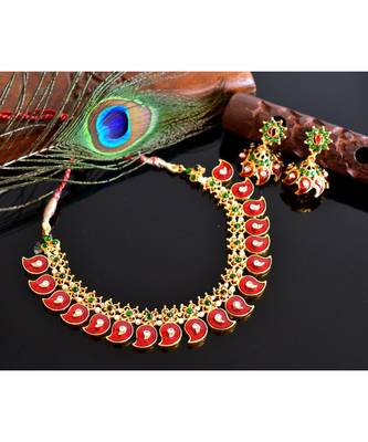 Beautiful Gold Tone Red Kerala Style Mango Necklace Set dj03489 1