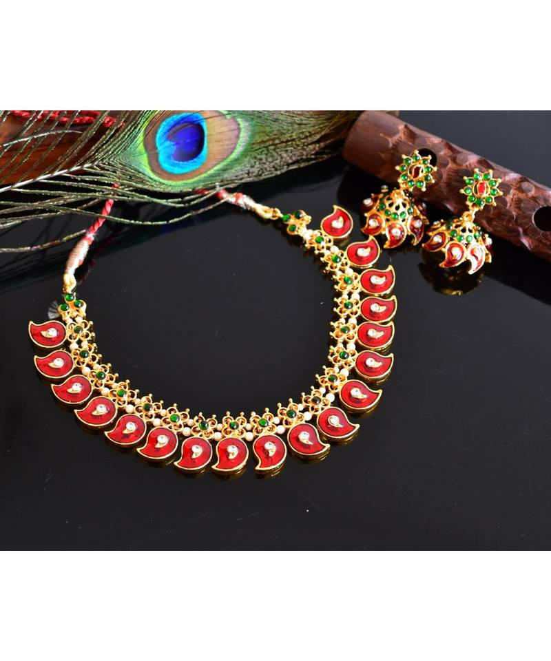 Beautiful Gold Tone Red Kerala Style Mango Necklace Set dj03489