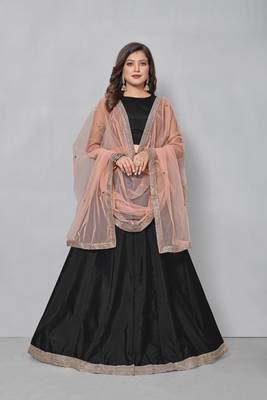 Black plain art silk semi stitched lehenga 1