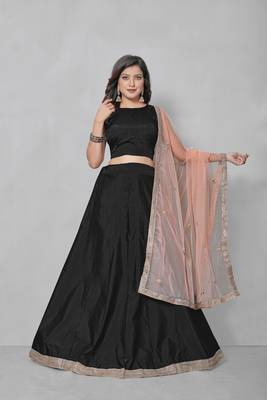 Black plain art silk semi stitched lehenga 3