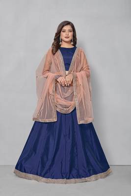 Navy-blue plain art silk semi stitched lehenga 1