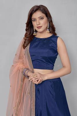 Navy-blue plain art silk semi stitched lehenga 4