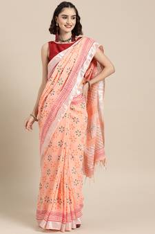 Peach printed linen saree with blouse