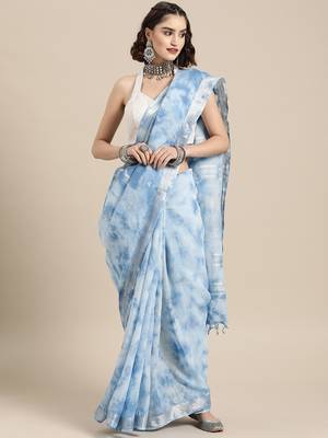 Sky blue printed linen saree with blouse 1