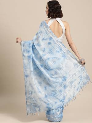 Sky blue printed linen saree with blouse 2