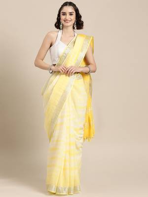 Yellow printed linen saree with blouse 1